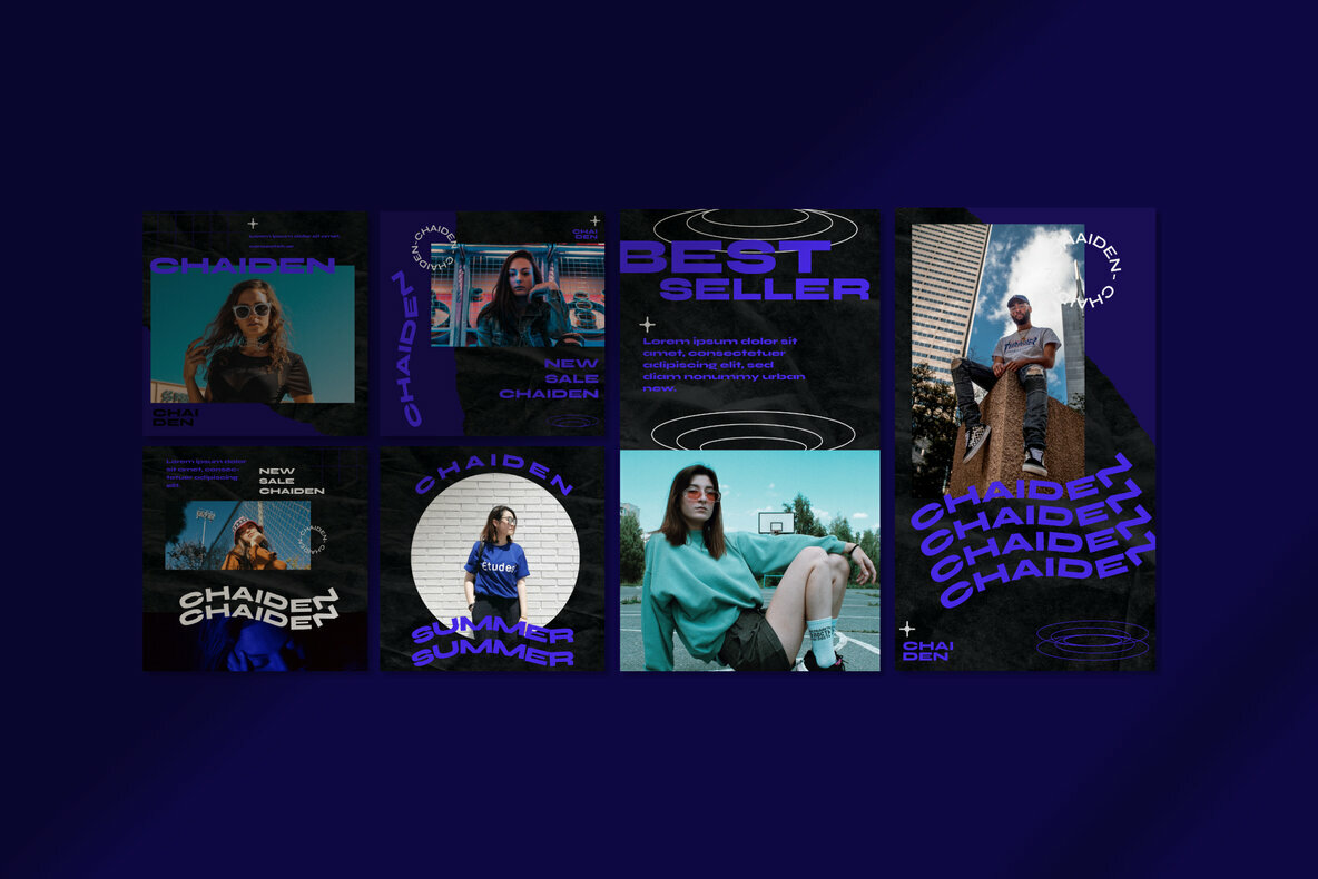 深蓝色时髦现代社交体育运动错版文字PSD模板 Chaiden – Instagram Template 设计素材 sucaiwan.com