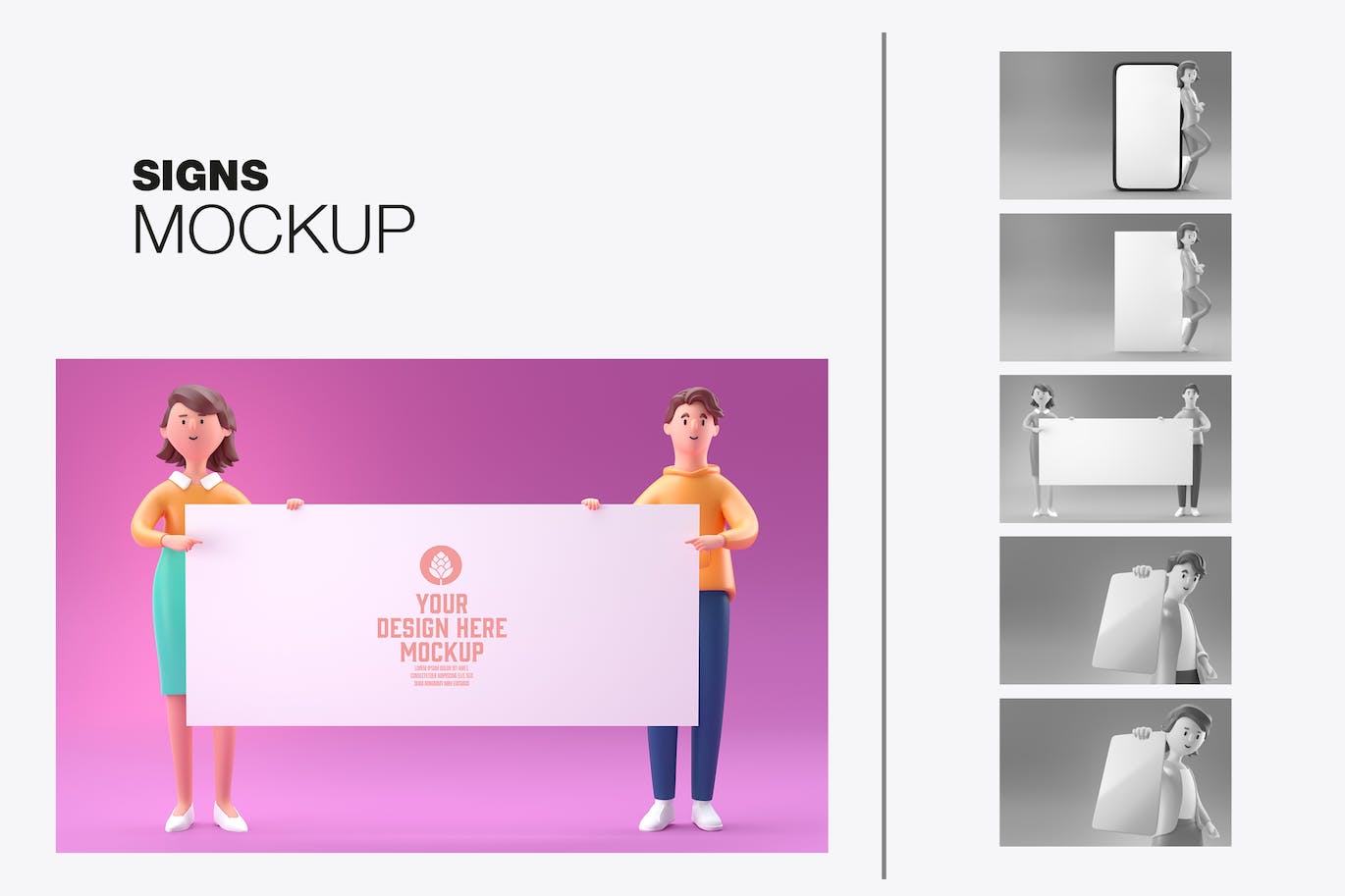 3D角色白板&手机屏幕展示样机图psd素材 Set People with white Board and Mobile Mockup 样机素材 sucaiwan.com