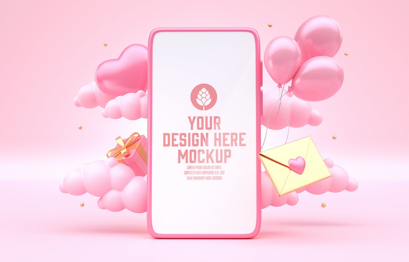 情人节3D装饰手机屏幕样机图psd素材 Set Valentine’s Day Concept with Mobile Mockup 样机素材 sucaiwan.com