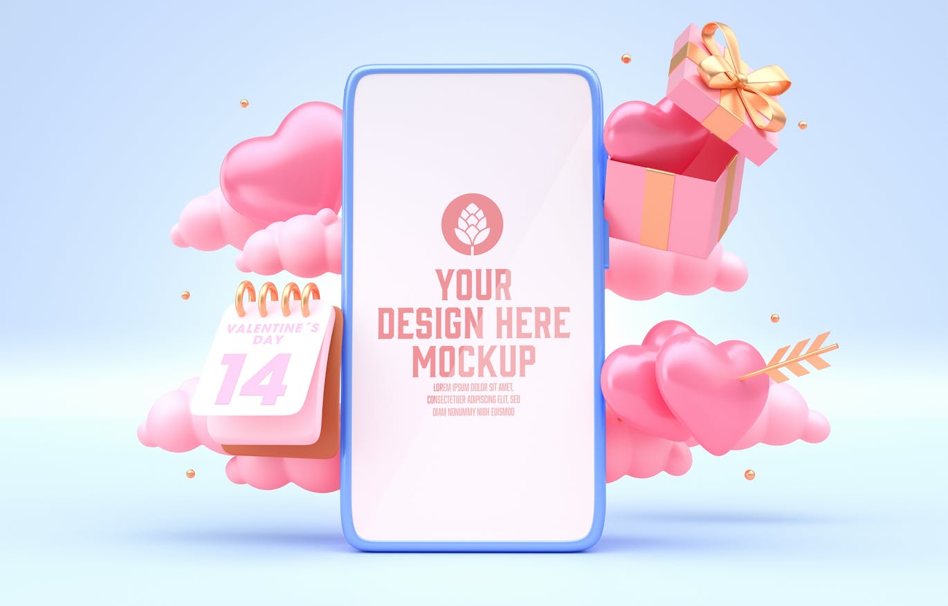 情人节3D装饰手机屏幕样机图psd素材 Set Valentine’s Day Concept with Mobile Mockup 样机素材 sucaiwan.com