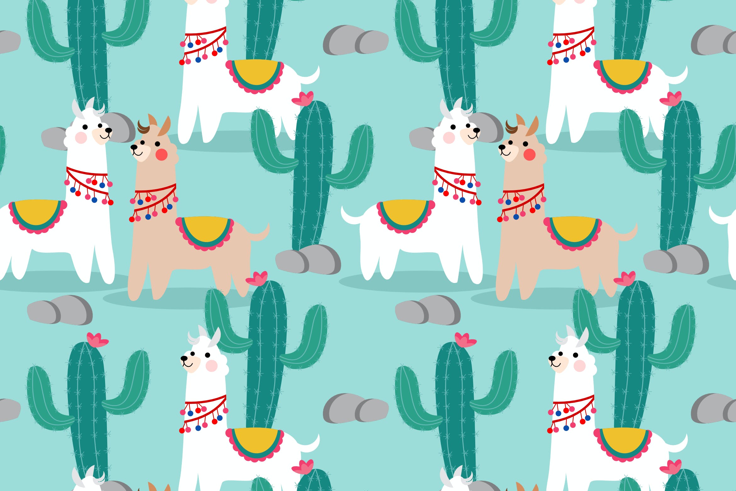 美洲驼和仙人掌无缝图案 Llama and Cactus Seamless Pattern 图片素材 sucaiwan.com