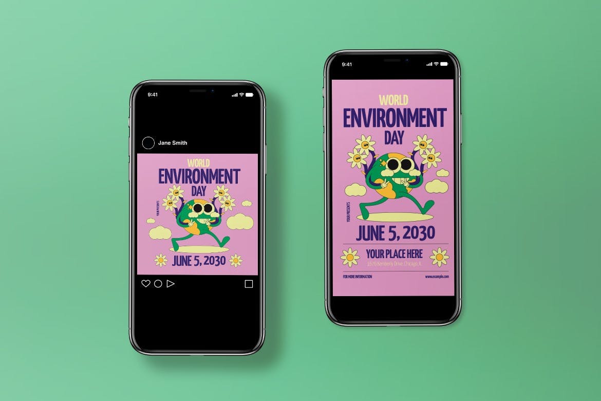 粉红色扁平设计世界环境日海报模板 Pink Flat Design World Environment Day Flyer Set 设计素材 sucaiwan.com