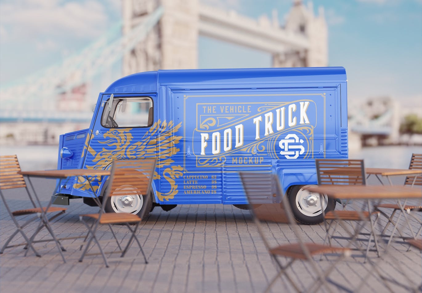 复古餐车广告场景样机图 Set Vintage Food Truck Scene Mockup 样机素材 sucaiwan.com