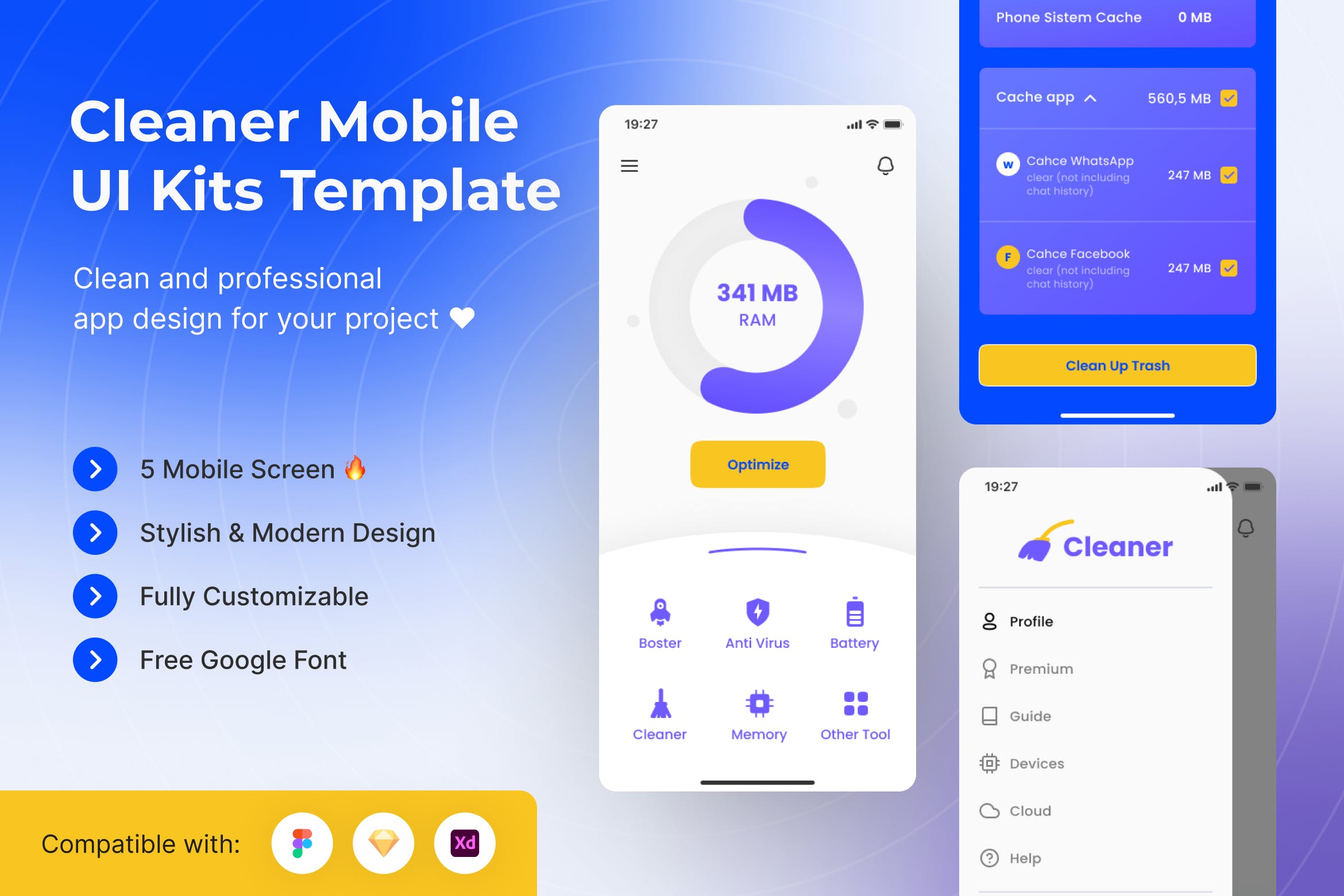 系统清理App移动应用UI套件模板 Cleaner Mobile App UI Kits Template APP UI sucaiwan.com