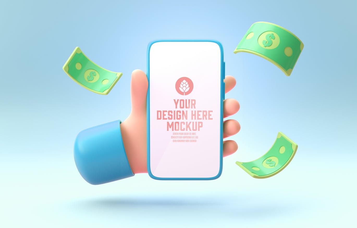 3D钱币概念手机屏幕样机图psd素材 Smartphone With Objects. Money Concept Mockup 样机素材 sucaiwan.com