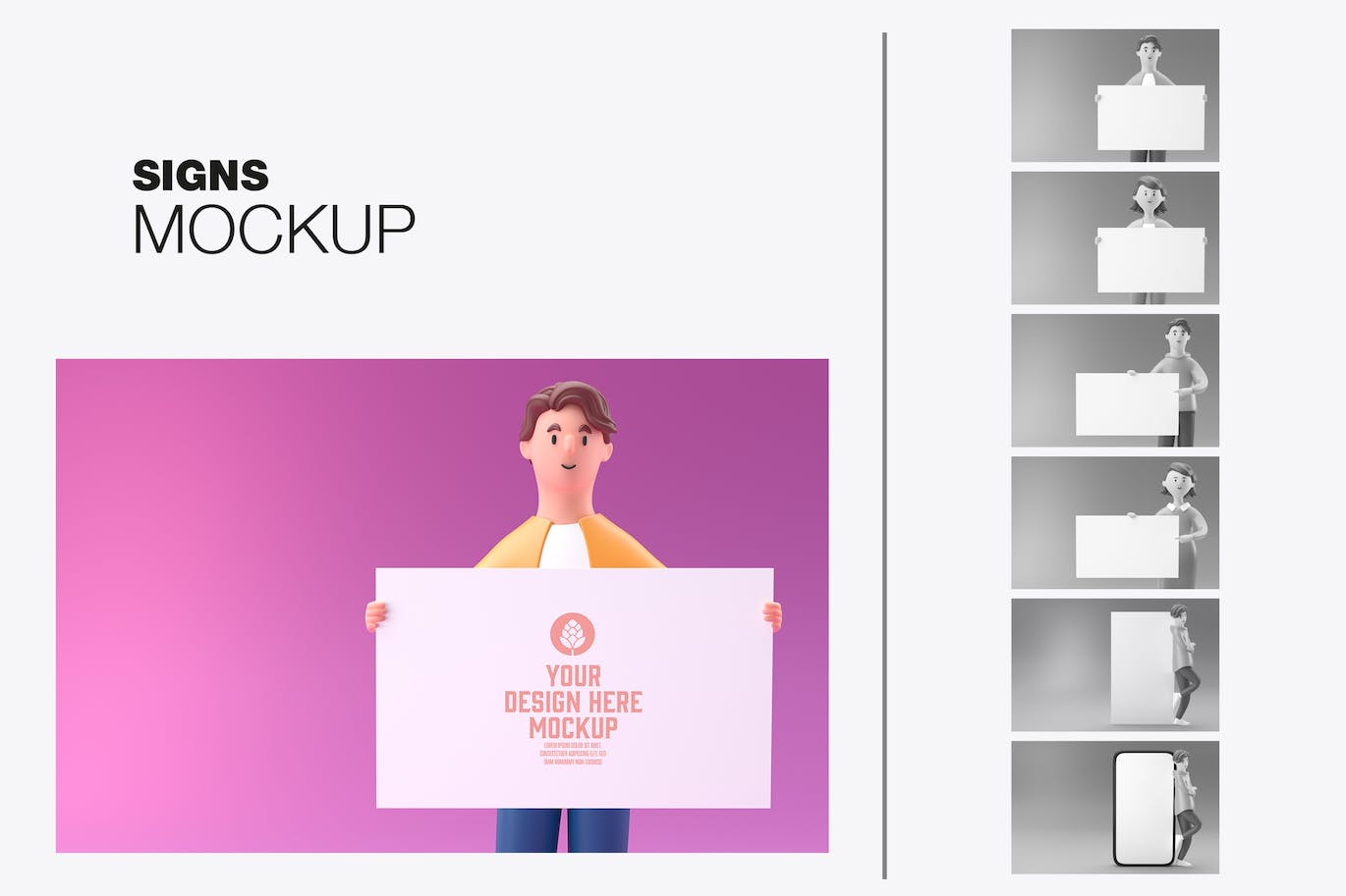 3D人物白板屏幕&手机样机图psd素材 Set People with white Board and Mobile Mockup 样机素材 sucaiwan.com