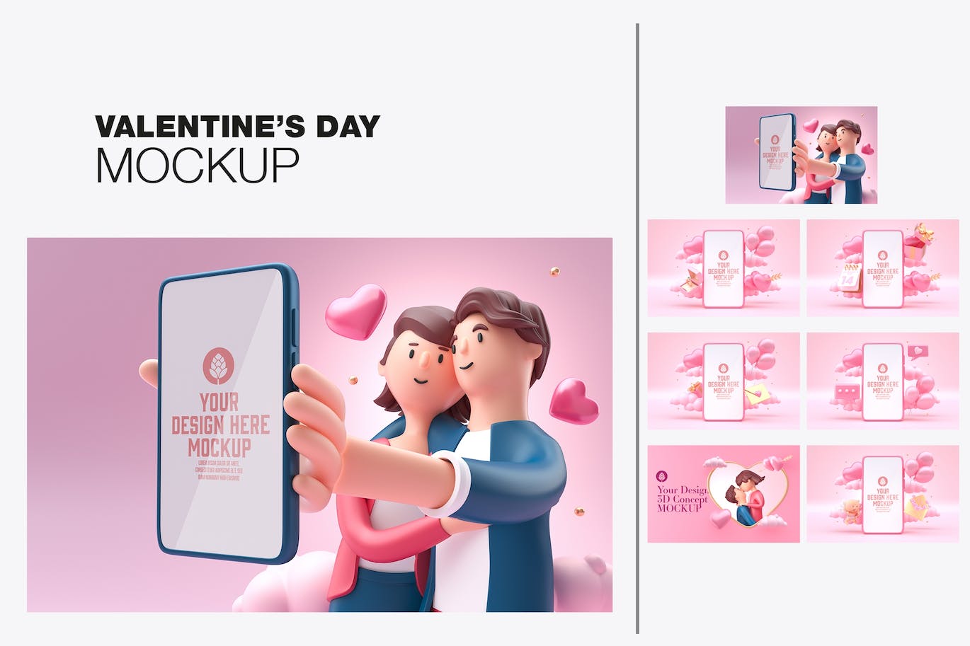 情人节3D装饰手机屏幕样机图psd素材 Set Valentine’s Day Concept with Mobile Mockup 样机素材 sucaiwan.com