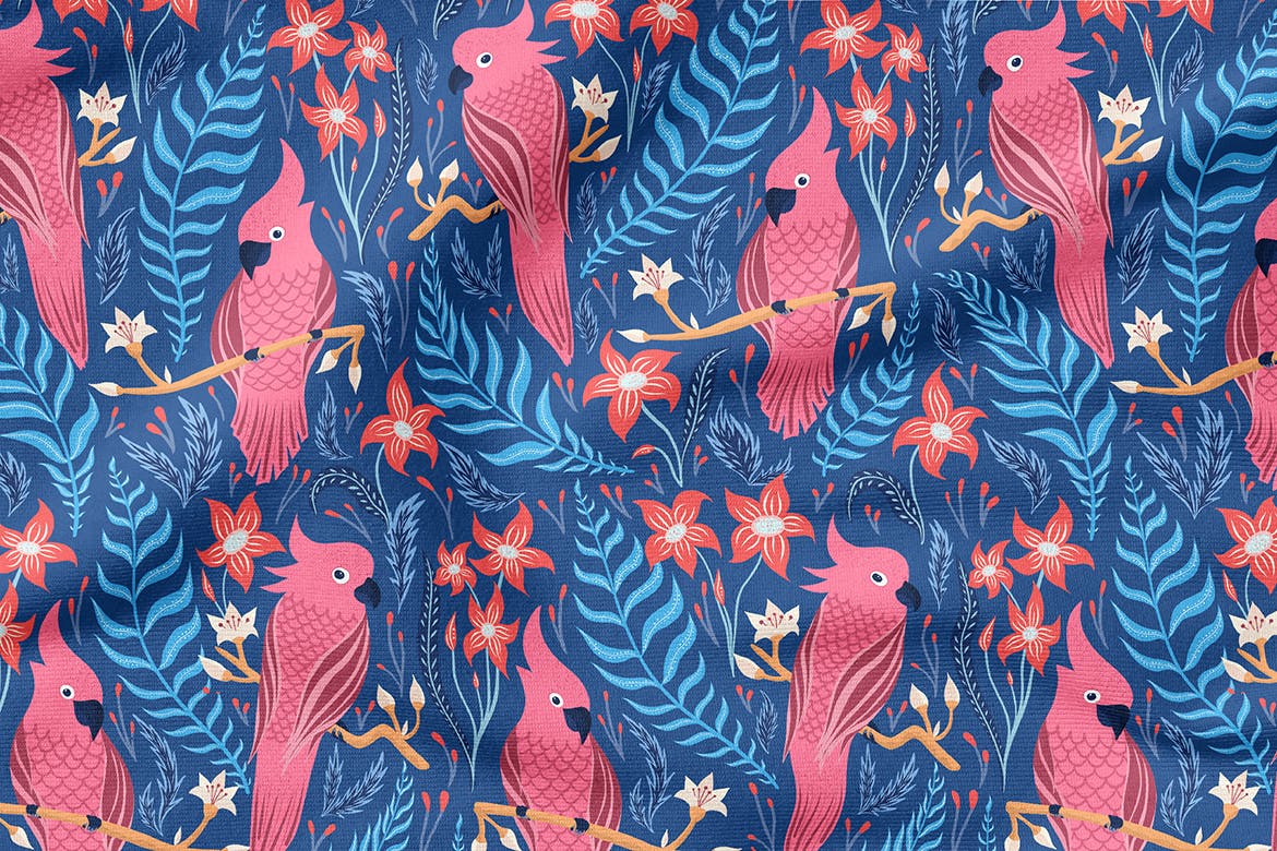 热带&鸟类无缝图案素材 Seamless Tropical Pattern with Birds 图片素材 sucaiwan.com