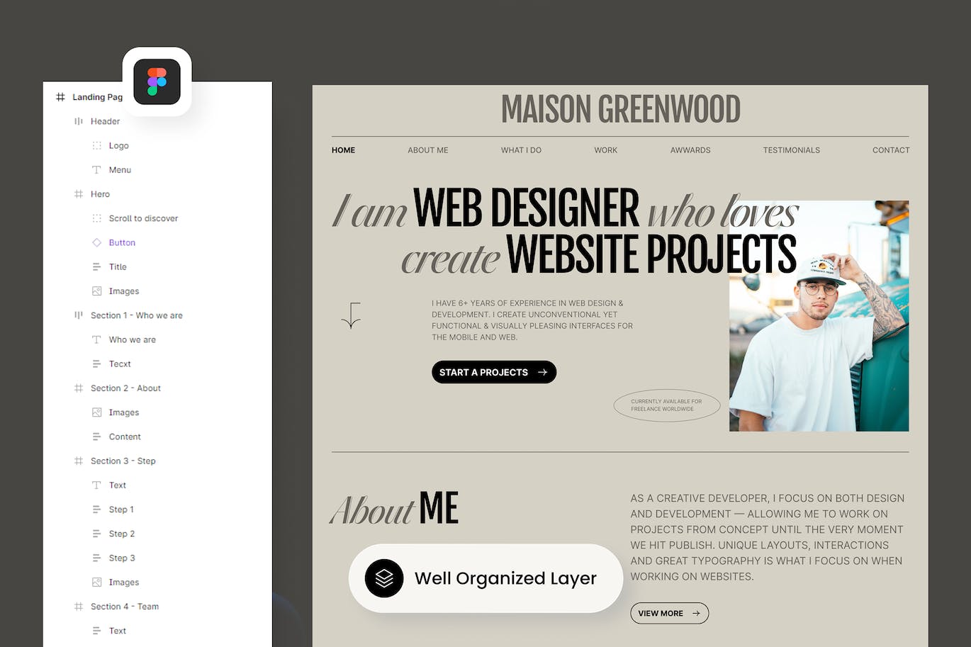 个人作品集网站着陆页设计模板 Maison Greenwood – Personal Portfolio Landing Page APP UI sucaiwan.com