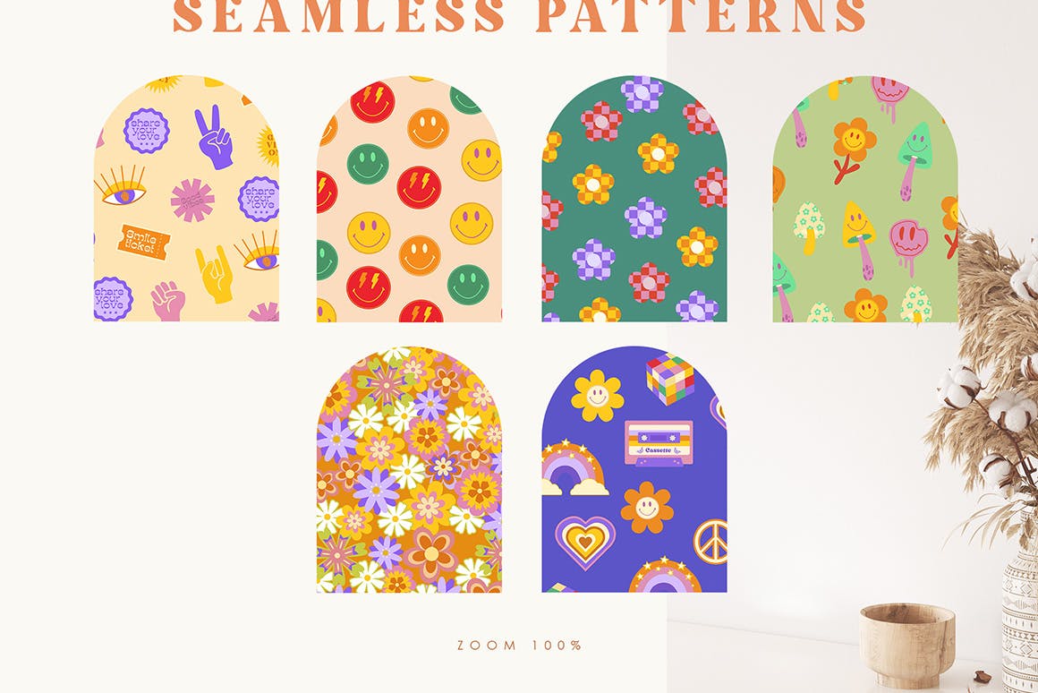 90年代复古嬉皮士无缝图案 Retro Hippie Seamless Patterns 90s 图片素材 sucaiwan.com