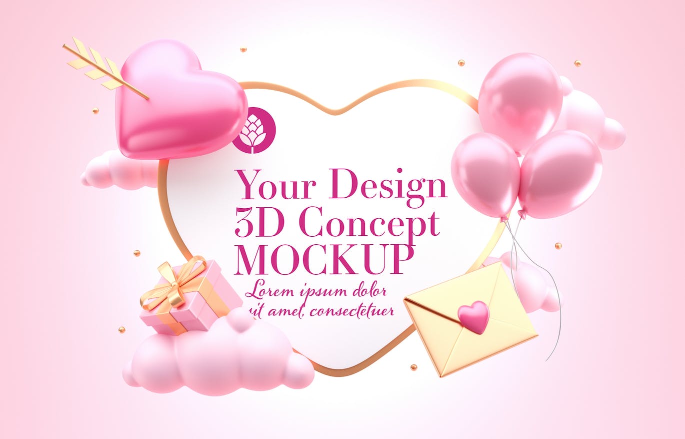 爱心情人节3D概念样机图psd素材 Set Valentine’s Day Concept Mockup 样机素材 sucaiwan.com