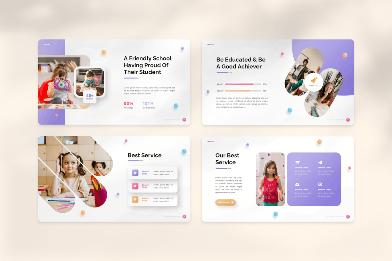 幼儿园和学前班介绍演示PPT模板 Piokids – Kindergarten & Preschool Powerpoint 幻灯图表 sucaiwan.com