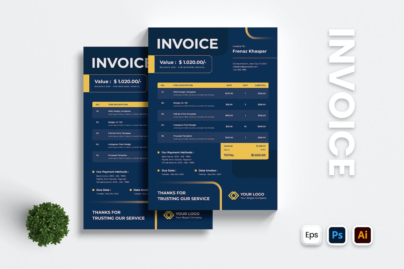 蓝黄配色商业单据发票设计模板 Blue Yellow Invoice 设计素材 sucaiwan.com