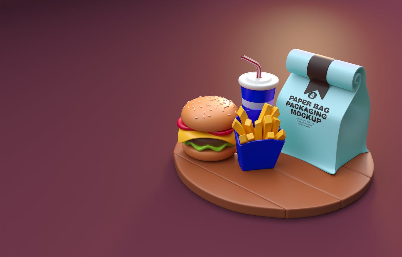 卡通快餐食品外卖包装样机图psd素材 Set Cartoon Fast Food Mockup 样机素材 sucaiwan.com