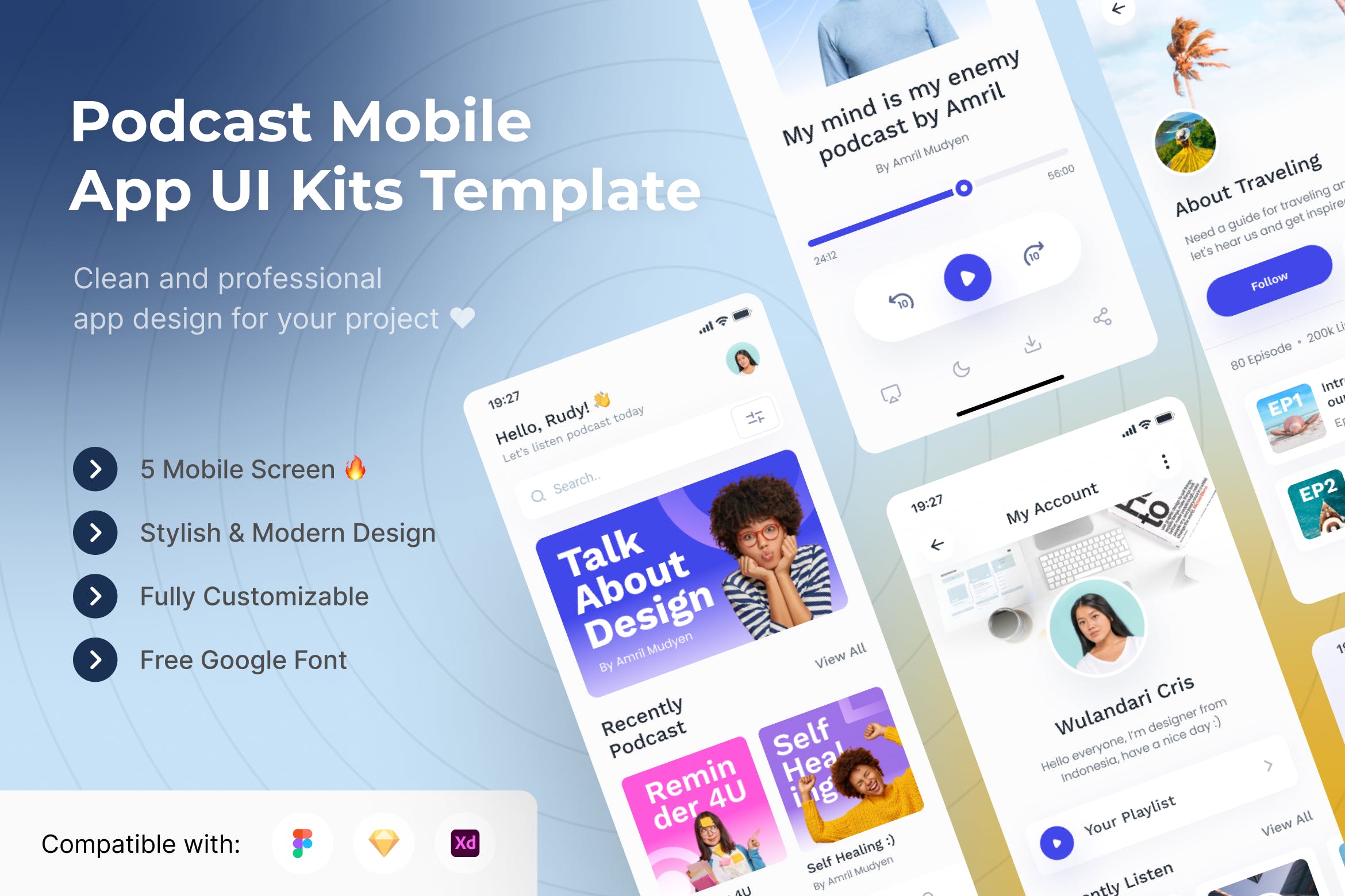 播客App移动应用UI套件模板 Podcast Mobile App UI Kits Template APP UI sucaiwan.com