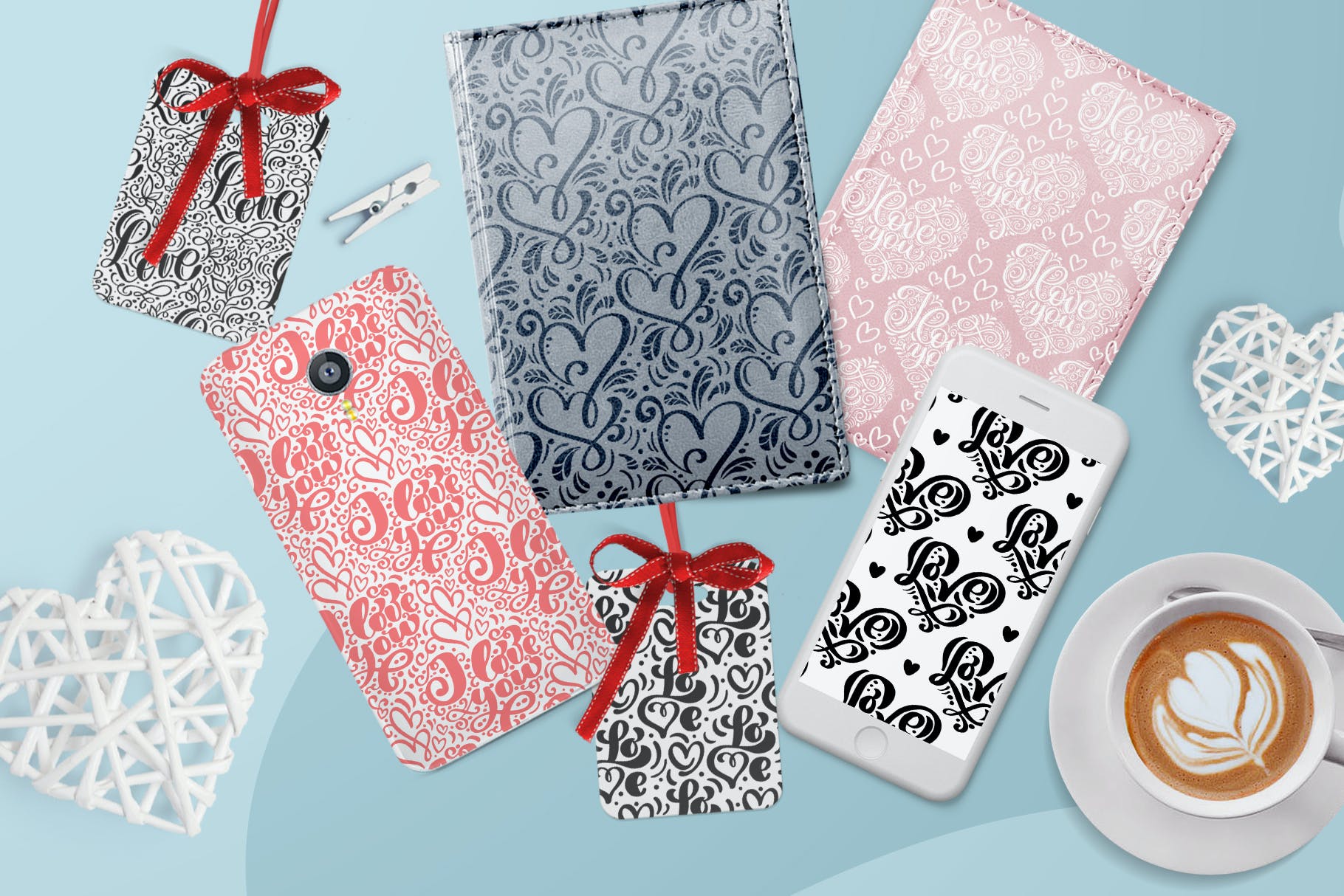 情人节爱心手绘无缝图案 Valentine`s Hand Drawn Seamless Patterns 图片素材 sucaiwan.com