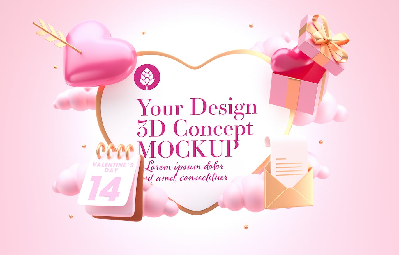 爱心情人节3D概念样机图psd素材 Set Valentine’s Day Concept Mockup 样机素材 sucaiwan.com