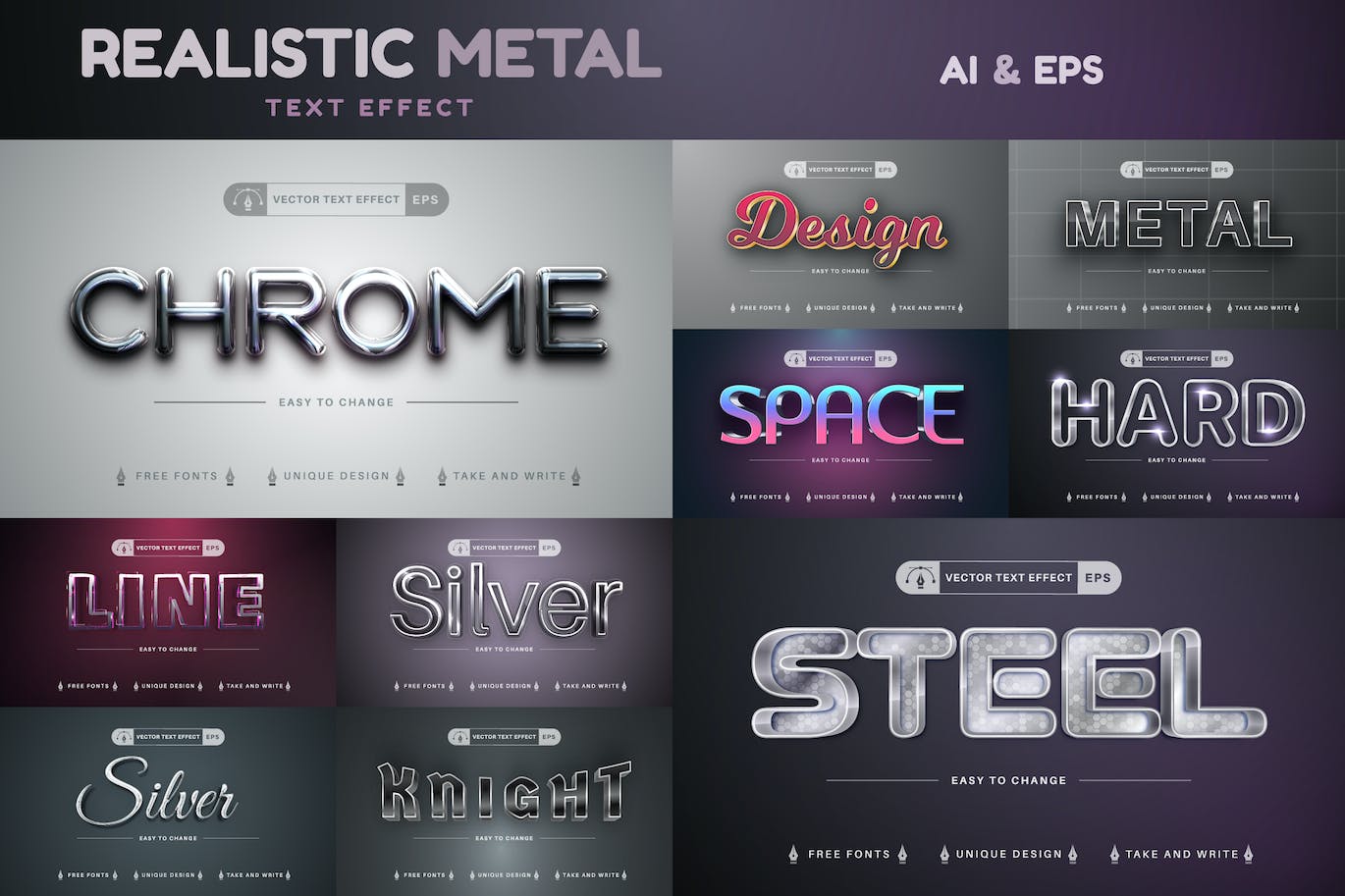 10种金属矢量文字效果字体样式 Set 10 Metal Editable Text Effects, Font Styles 插件预设 sucaiwan.com