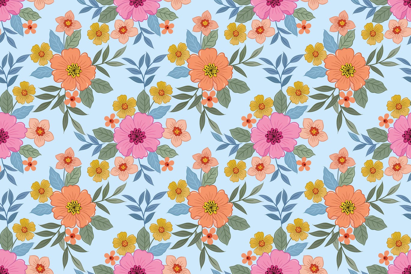 五颜六色花朵绿叶无缝图案素材 Colorful flowers with green leaf seamless pattern. 图片素材 sucaiwan.com