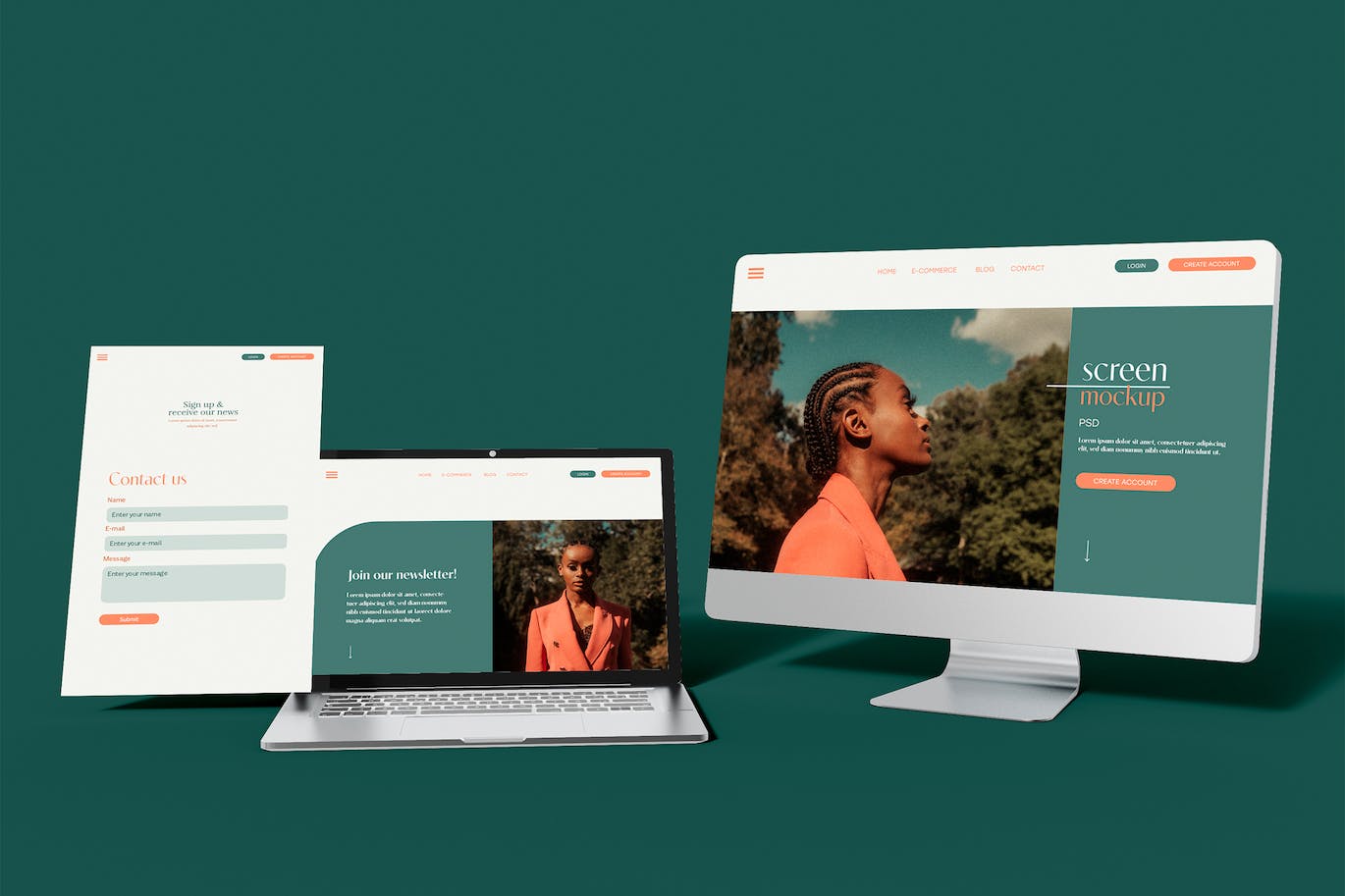 网页屏幕电脑和笔记本电脑样机psd模板 Computer and Laptop with Web Page Screens Mockup 样机素材 sucaiwan.com