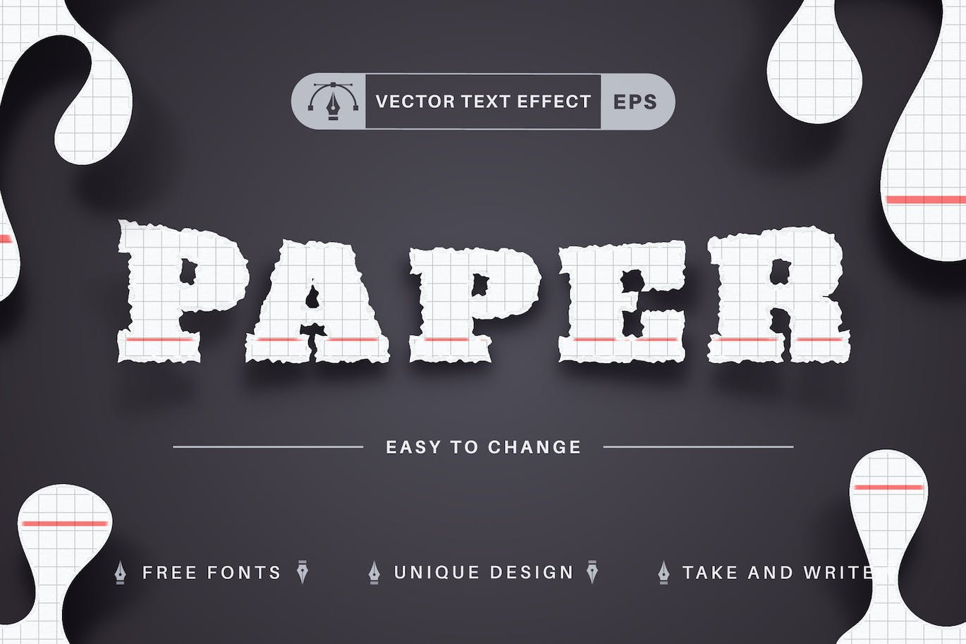 撕裂纸张矢量文字效果字体样式 Torn Paper – Editable Text Effect, Font Style 插件预设 sucaiwan.com