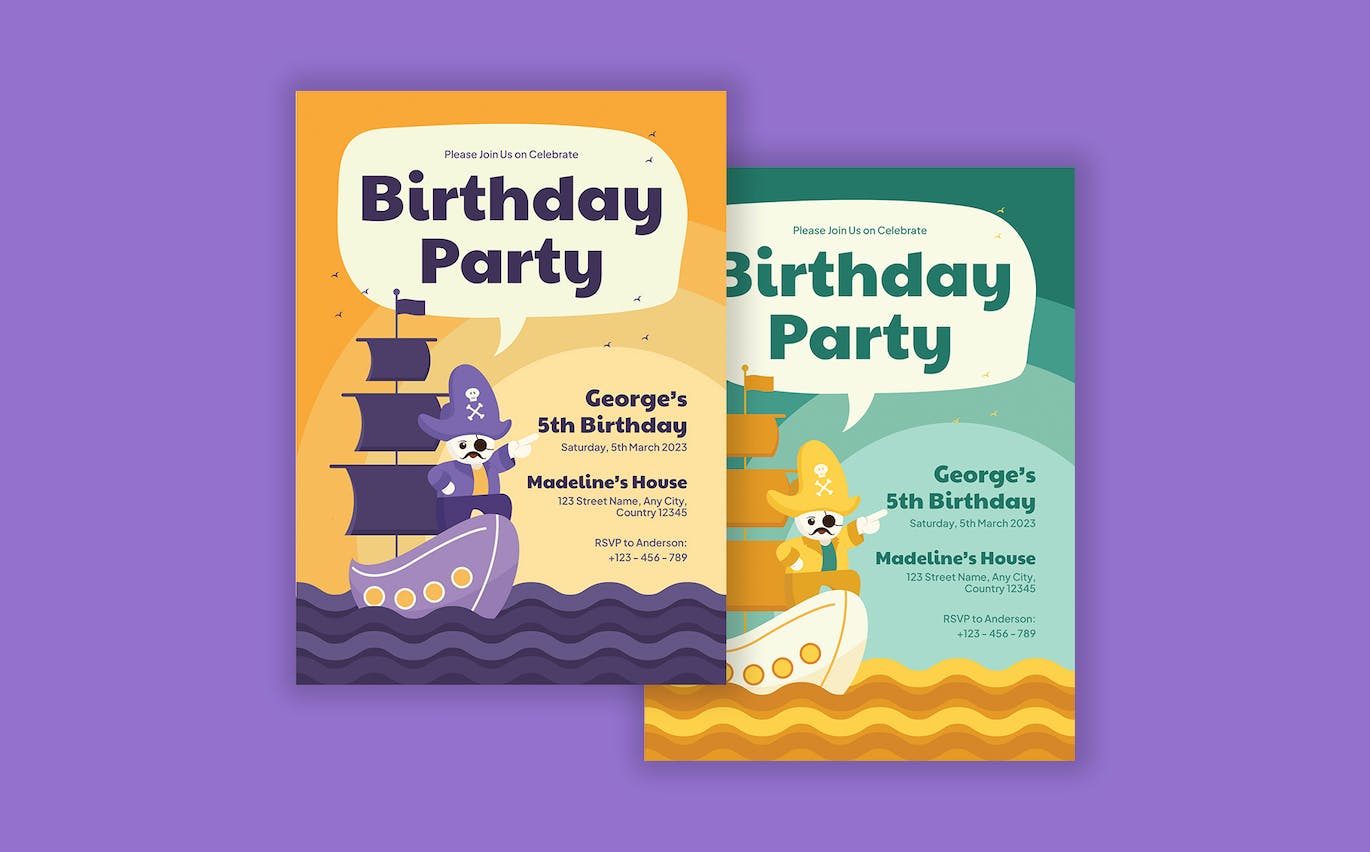 海盗主题儿童生日邀请函设计模板 Kids Birthday Invitation – Pirates Theme 设计素材 sucaiwan.com