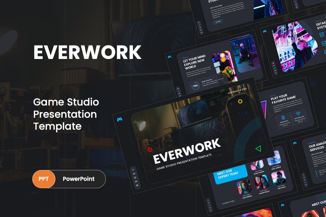 游戏工作室Powerpoint模板下载 Everwork – Gaming Studio PowerPoint Template 幻灯图表 sucaiwan.com