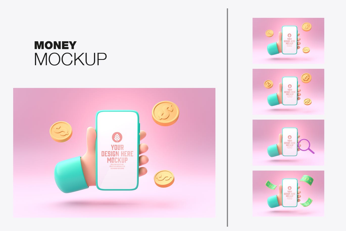 3D钱币概念手机屏幕样机图psd素材 Smartphone With Objects. Money Concept Mockup 样机素材 sucaiwan.com