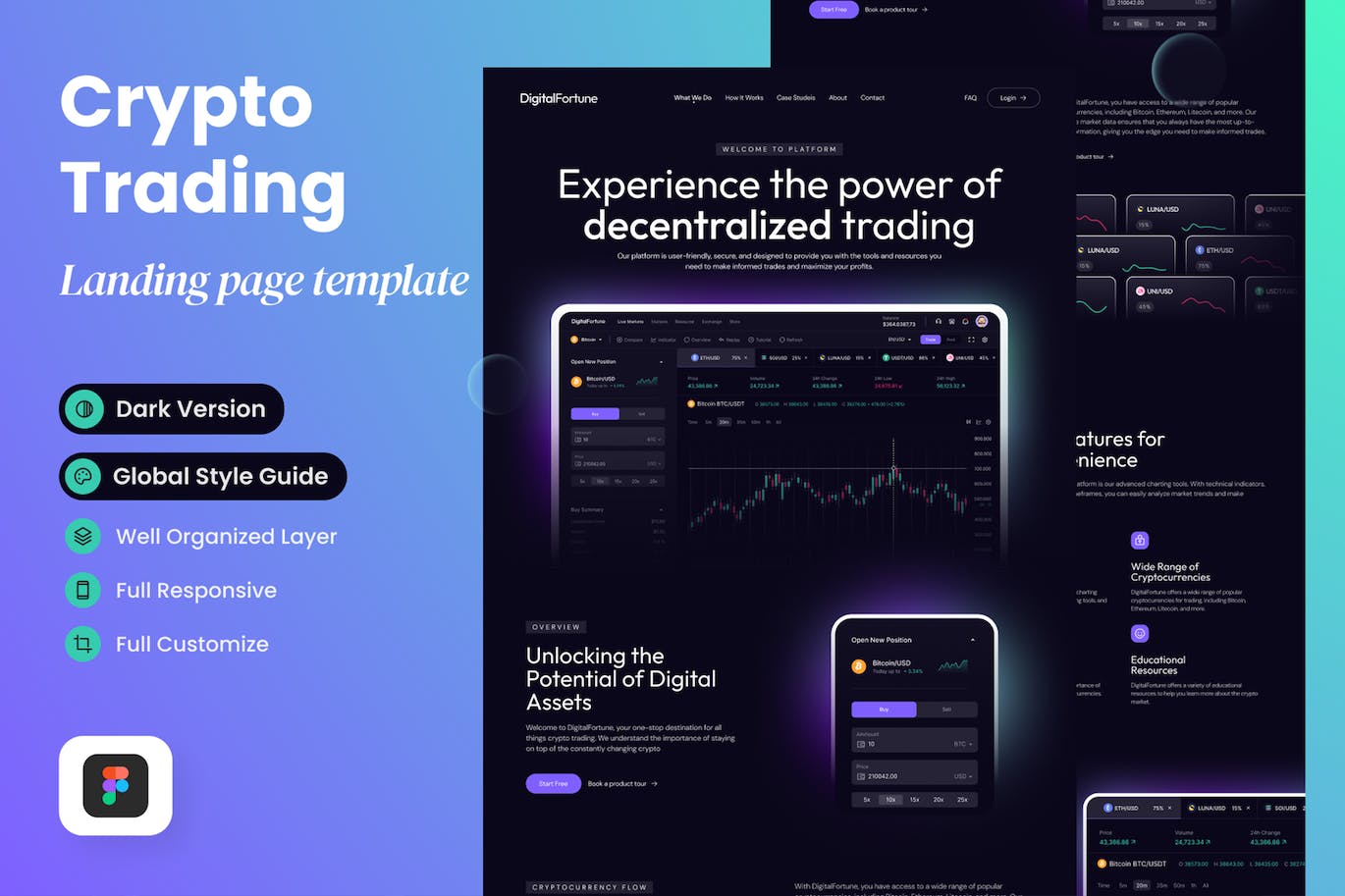 加密交易网站着陆页设计模板 DigitalFortune – Crypto Trading Landing Page APP UI sucaiwan.com