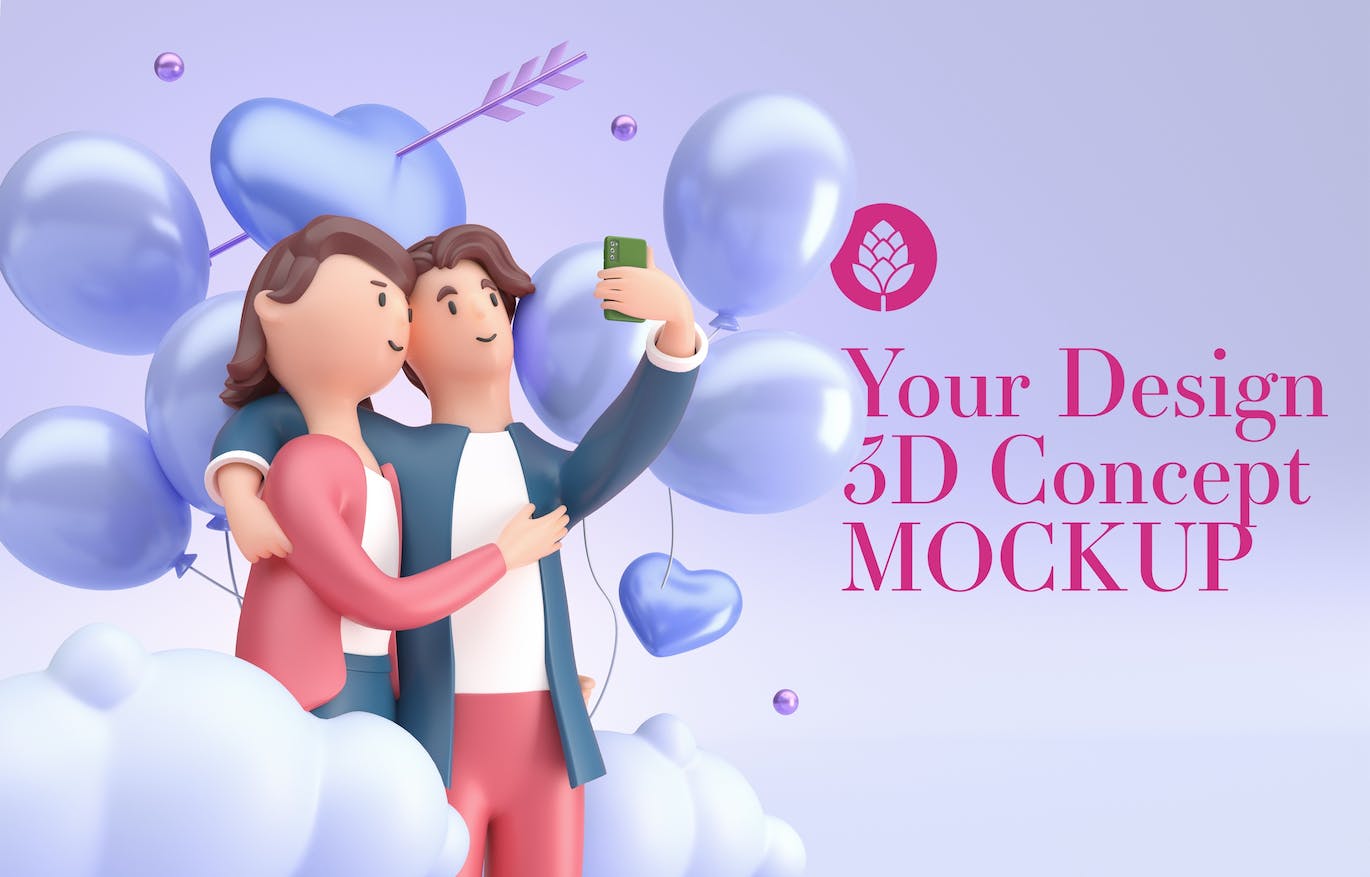 爱心情人节3D概念样机图psd素材 Set Valentine’s Day Concept Mockup 样机素材 sucaiwan.com