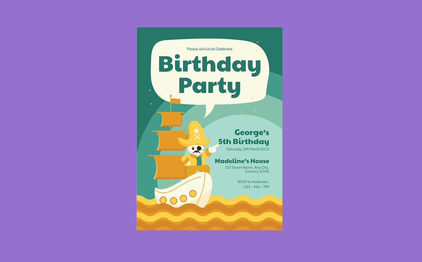 海盗主题儿童生日邀请函设计模板 Kids Birthday Invitation – Pirates Theme 设计素材 sucaiwan.com
