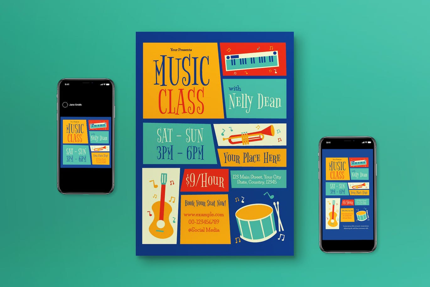 蓝色音乐课传单模板下载 Blue Music Class Flyer Set 设计素材 sucaiwan.com