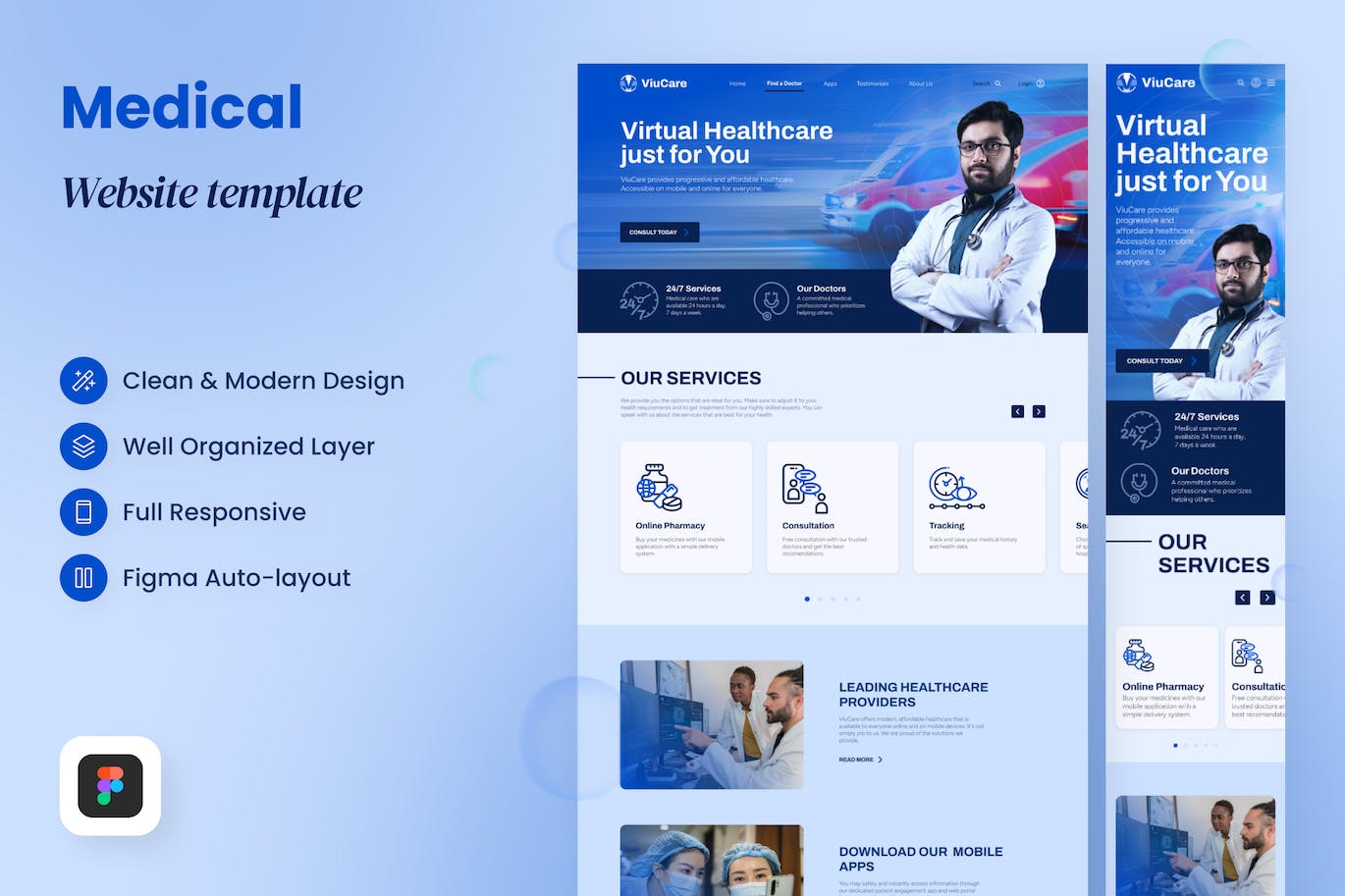 医疗网站着陆页设计模板 ViuCare – Medical Landing Page Template APP UI sucaiwan.com