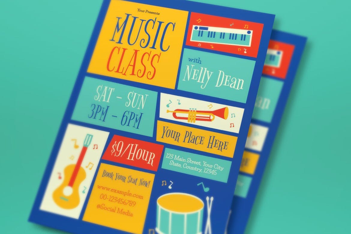 蓝色音乐课传单模板下载 Blue Music Class Flyer Set 设计素材 sucaiwan.com
