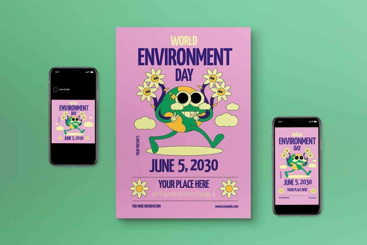 粉红色扁平设计世界环境日海报模板 Pink Flat Design World Environment Day Flyer Set 设计素材 sucaiwan.com