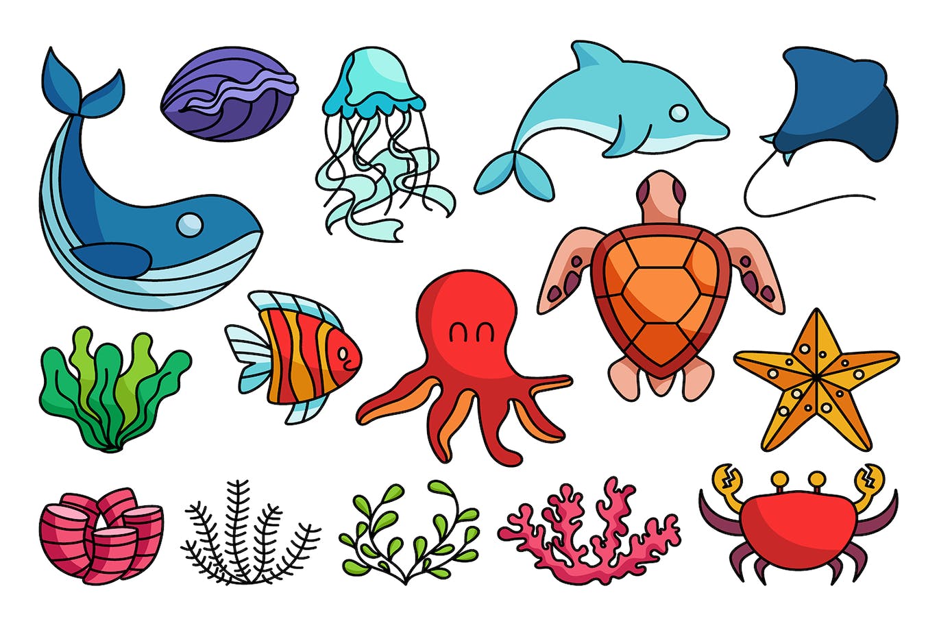 海洋动植物元素矢量插画集 underwater, fish, marine, celebration, event 图片素材 sucaiwan.com