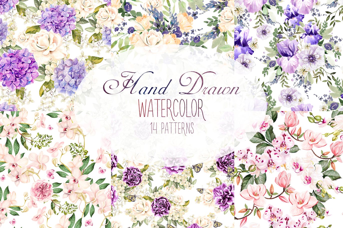 手绘彩色花卉水彩图案素材 Hand Drawn Watercolor 15 Patterns 图片素材 sucaiwan.com