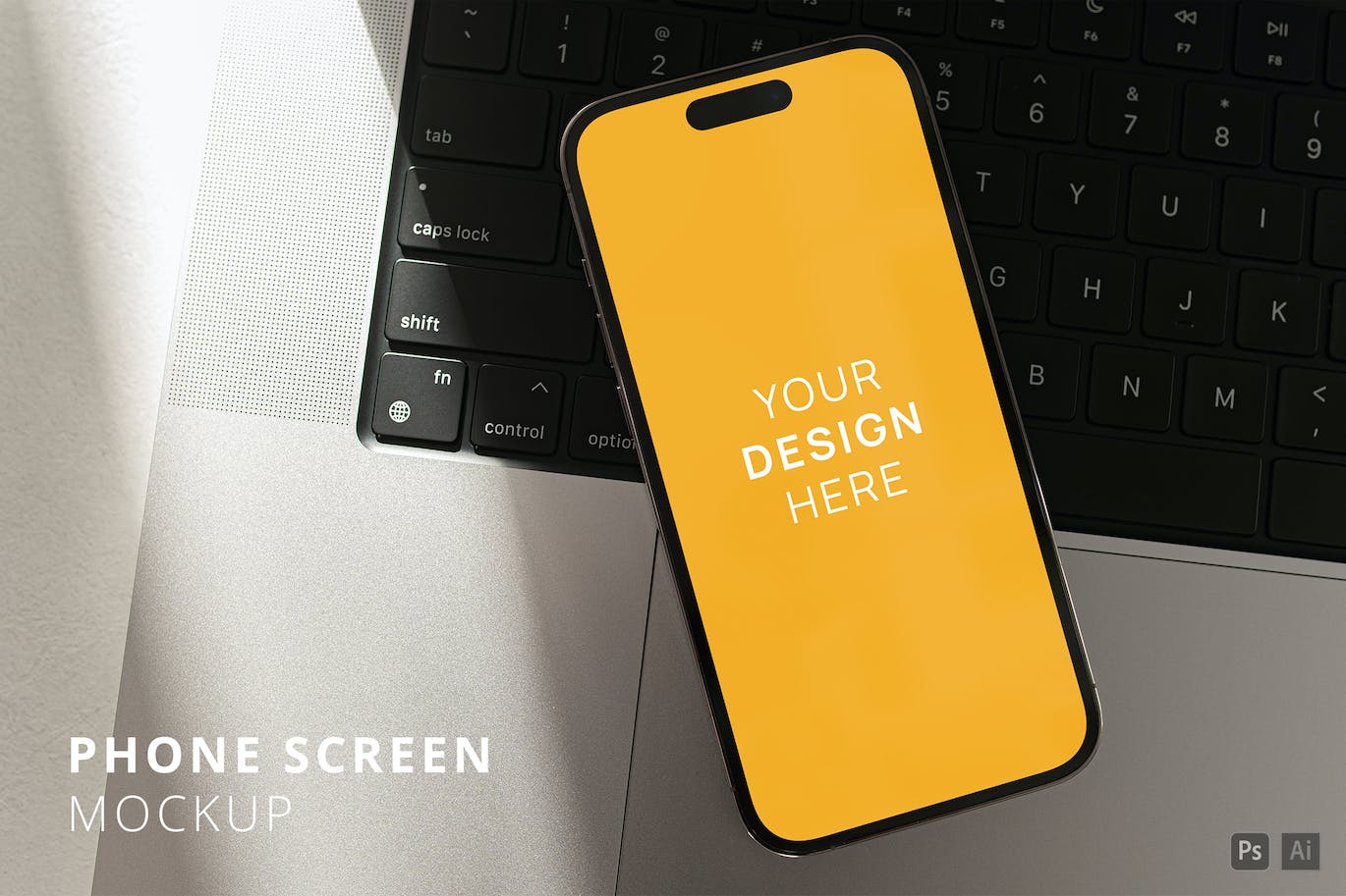电脑键盘背景iPhone 14 Pro手机样机图 iPhone 14 Pro Screen Mockup Laying on the Laptop 样机素材 sucaiwan.com