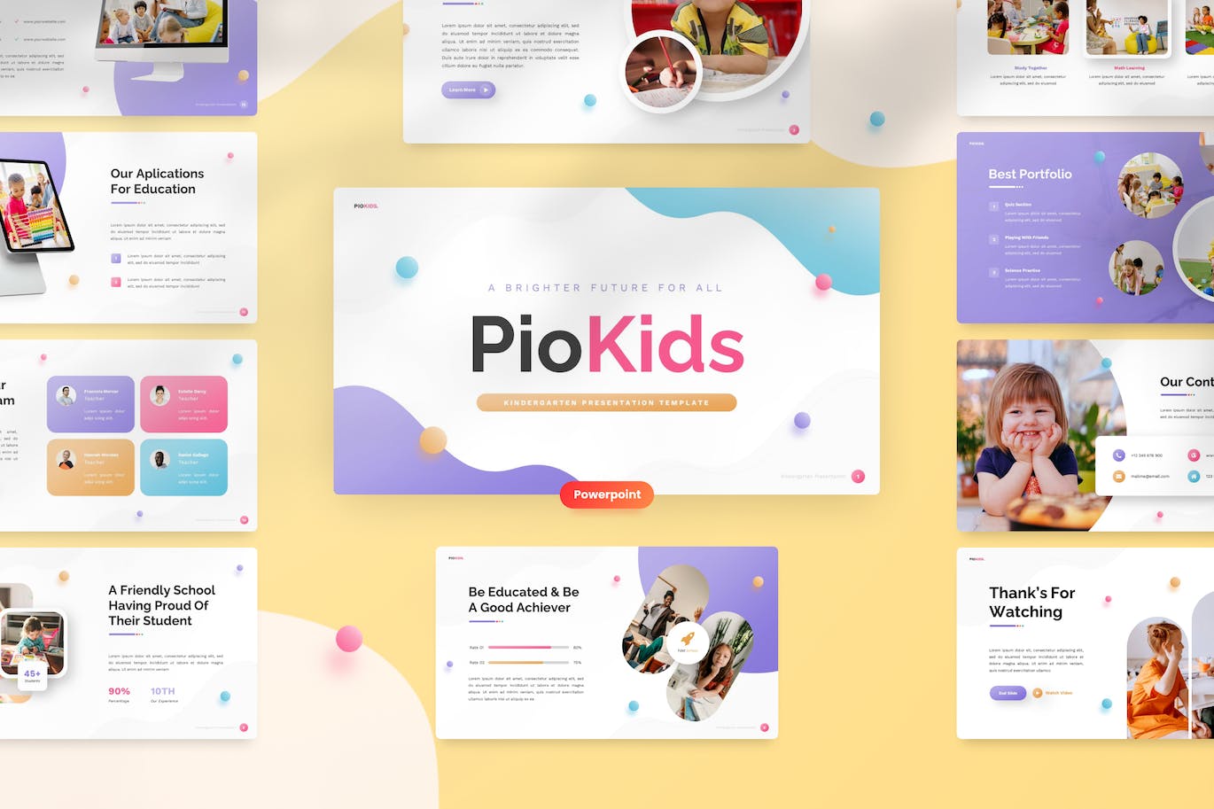 幼儿园和学前班介绍演示PPT模板 Piokids – Kindergarten & Preschool Powerpoint 幻灯图表 sucaiwan.com