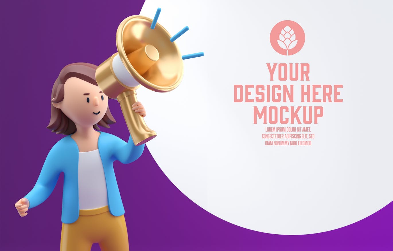 3D人物扩音器公告样机图psd素材 Set People Announcement Through Megaphone Mockup 样机素材 sucaiwan.com