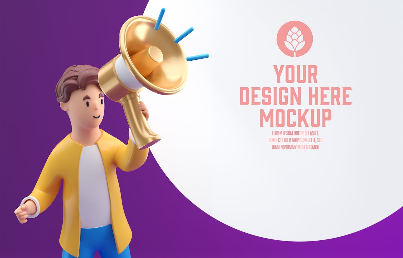 3D人物扩音器公告样机图psd素材 Set People Announcement Through Megaphone Mockup 样机素材 sucaiwan.com