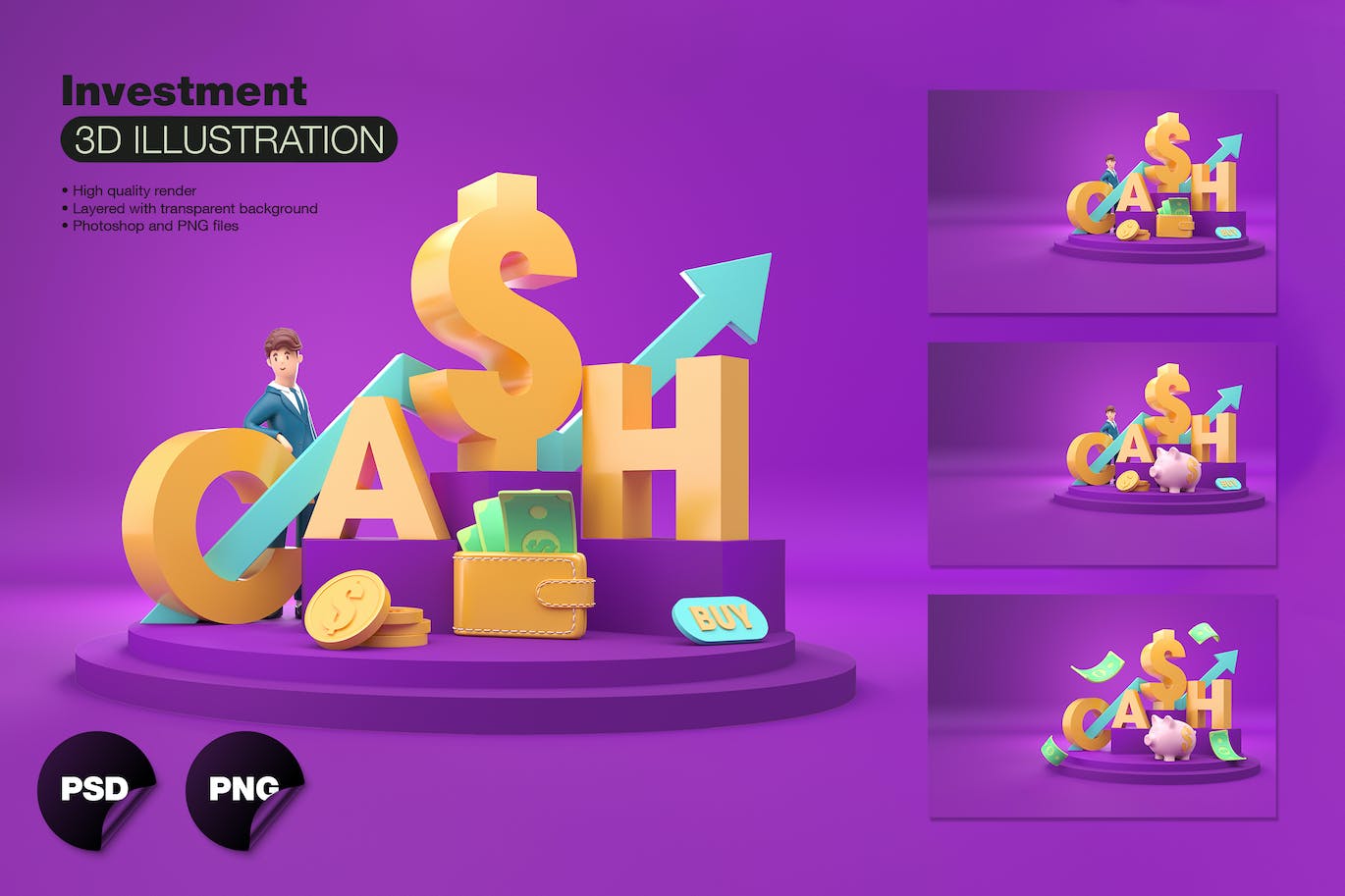 投资理念3D插画psd素材 Set Investment Concept 设计素材 sucaiwan.com