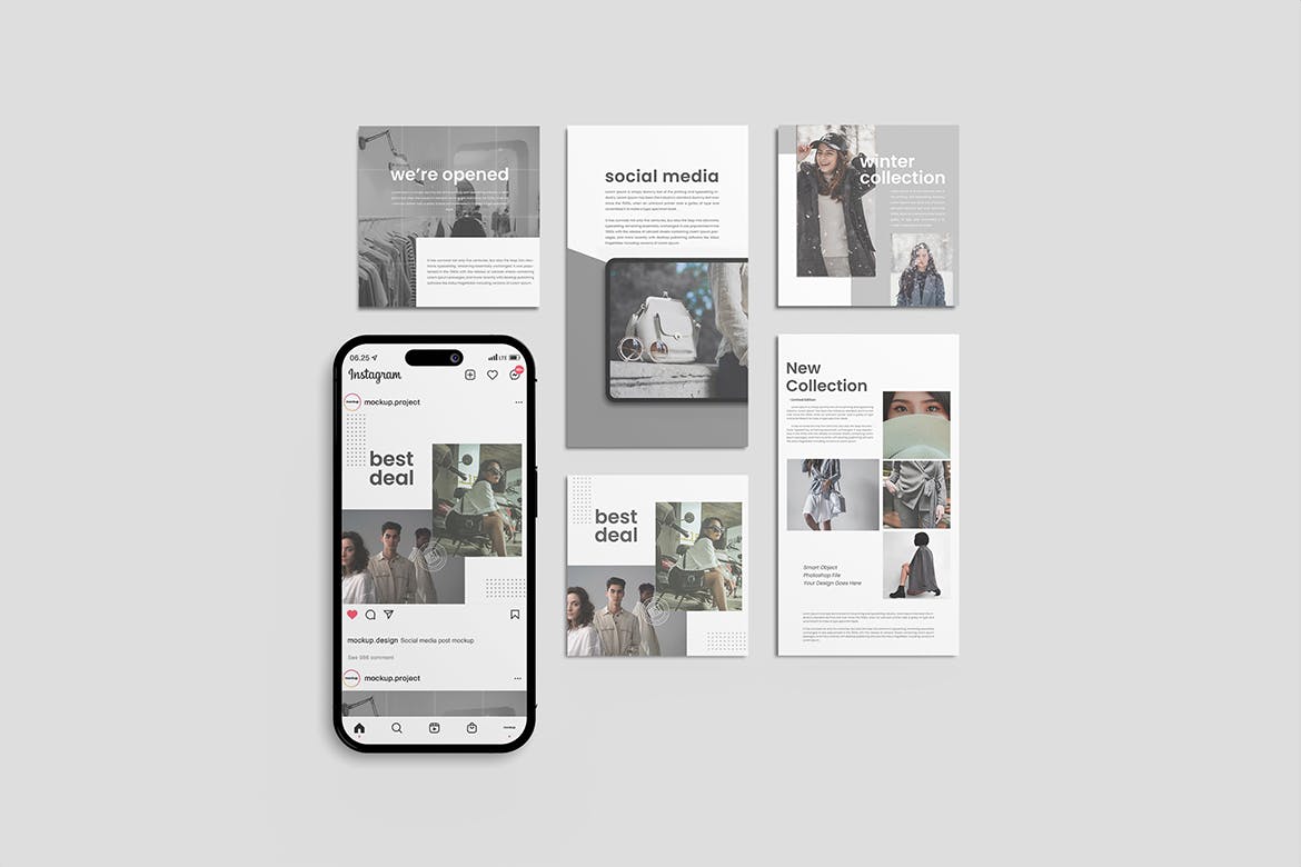 INS贴图&故事页面手机屏幕样机psd模板v1 XFA – Social Media Mockup V1 样机素材 sucaiwan.com