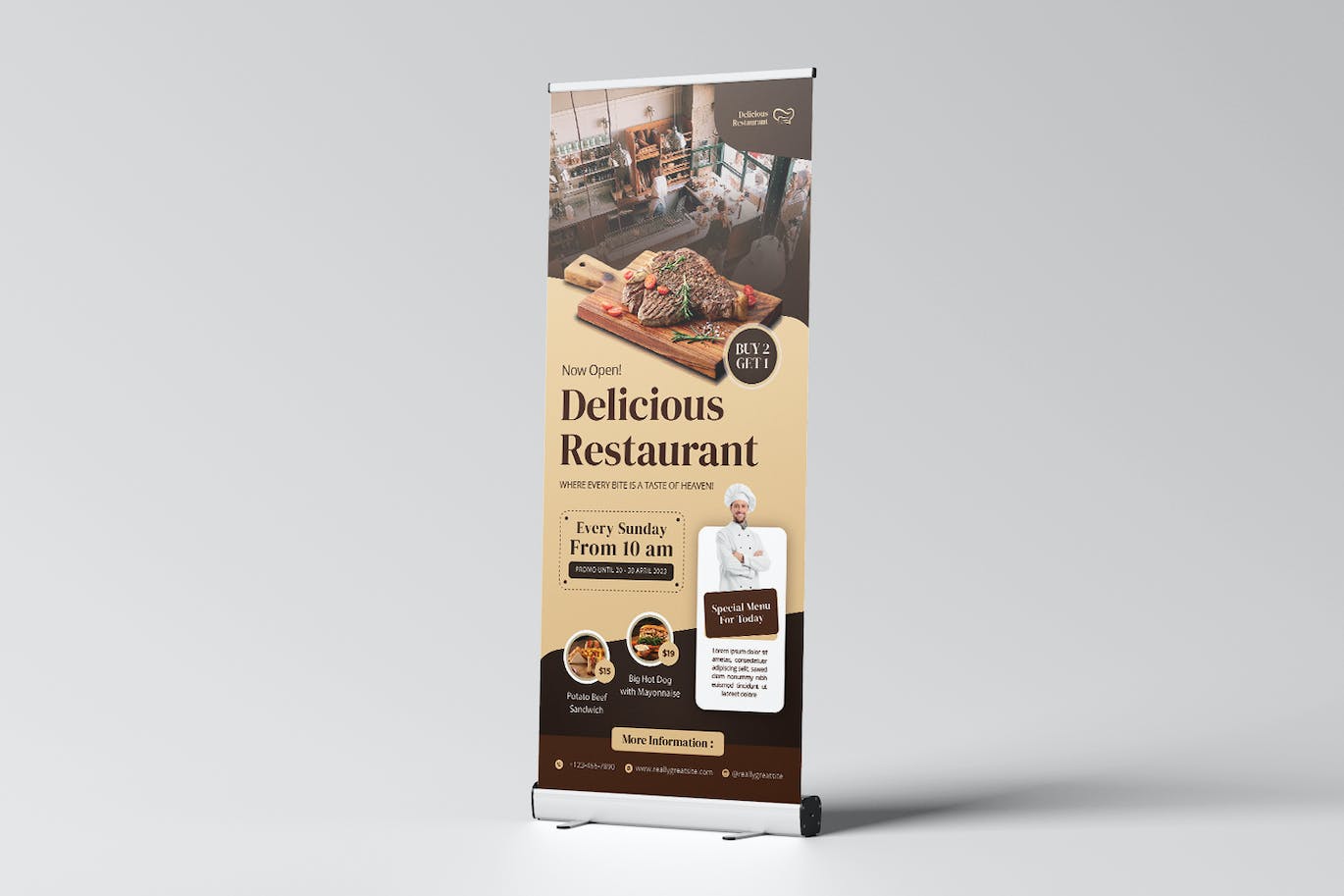 美味餐厅易拉宝模板 Delicious Resto Roll Up Banner 样机素材 sucaiwan.com
