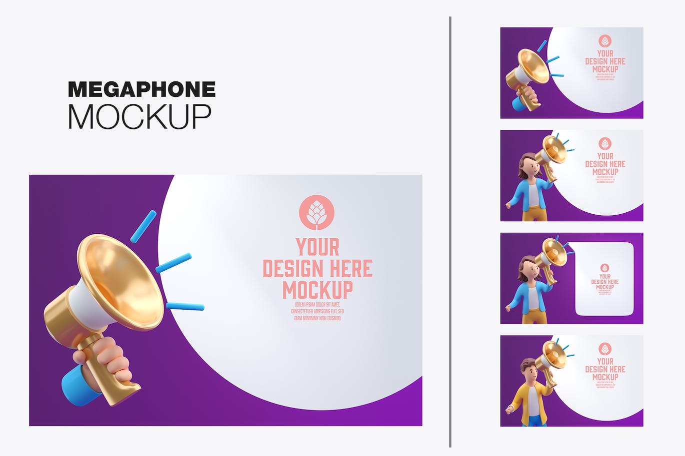 3D人物扩音器公告样机图psd素材 Set People Announcement Through Megaphone Mockup 样机素材 sucaiwan.com