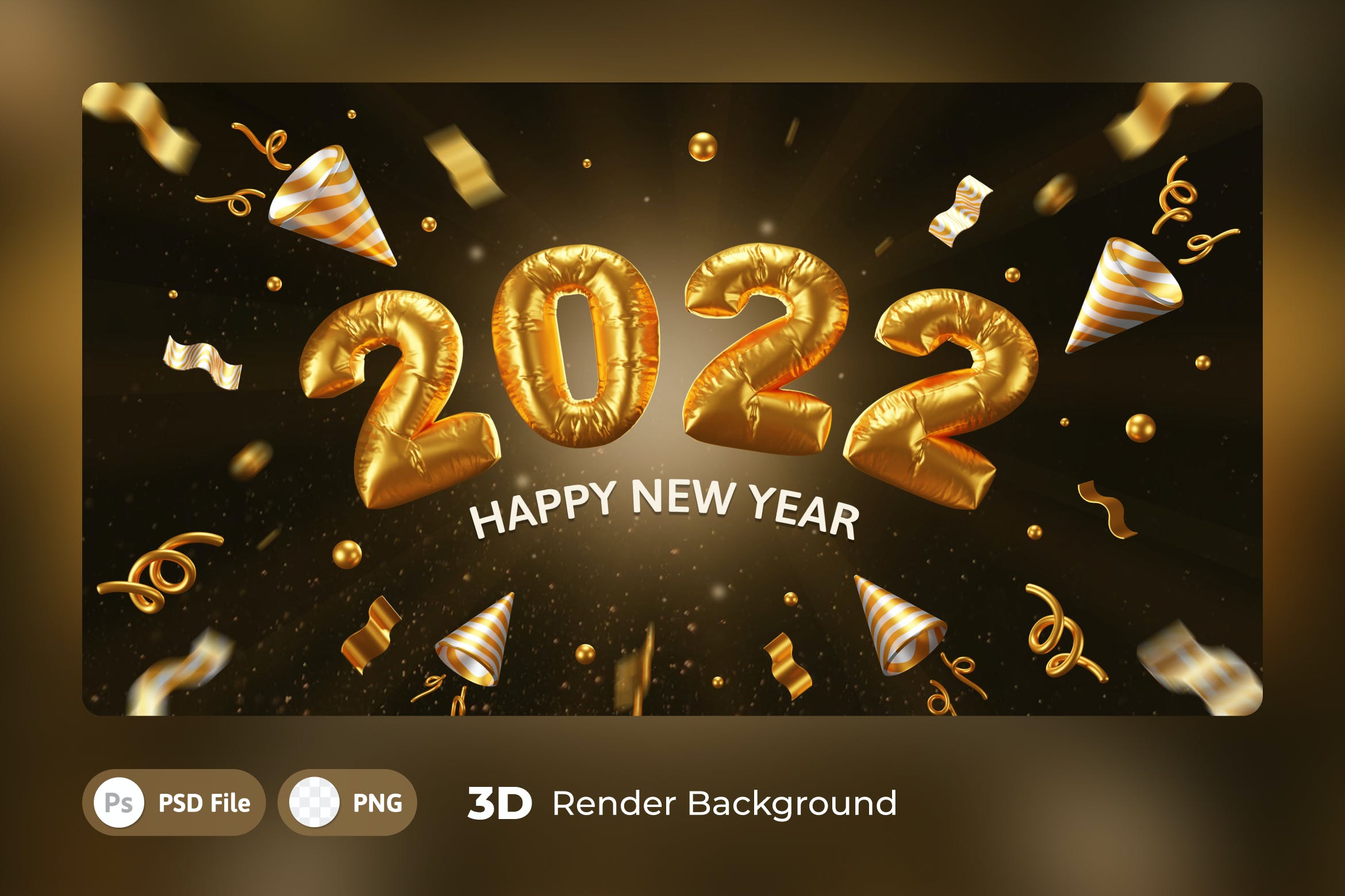 金箔气球新年快乐3D背景模板 3d Background Template Happy New Year 2022 图片素材 sucaiwan.com