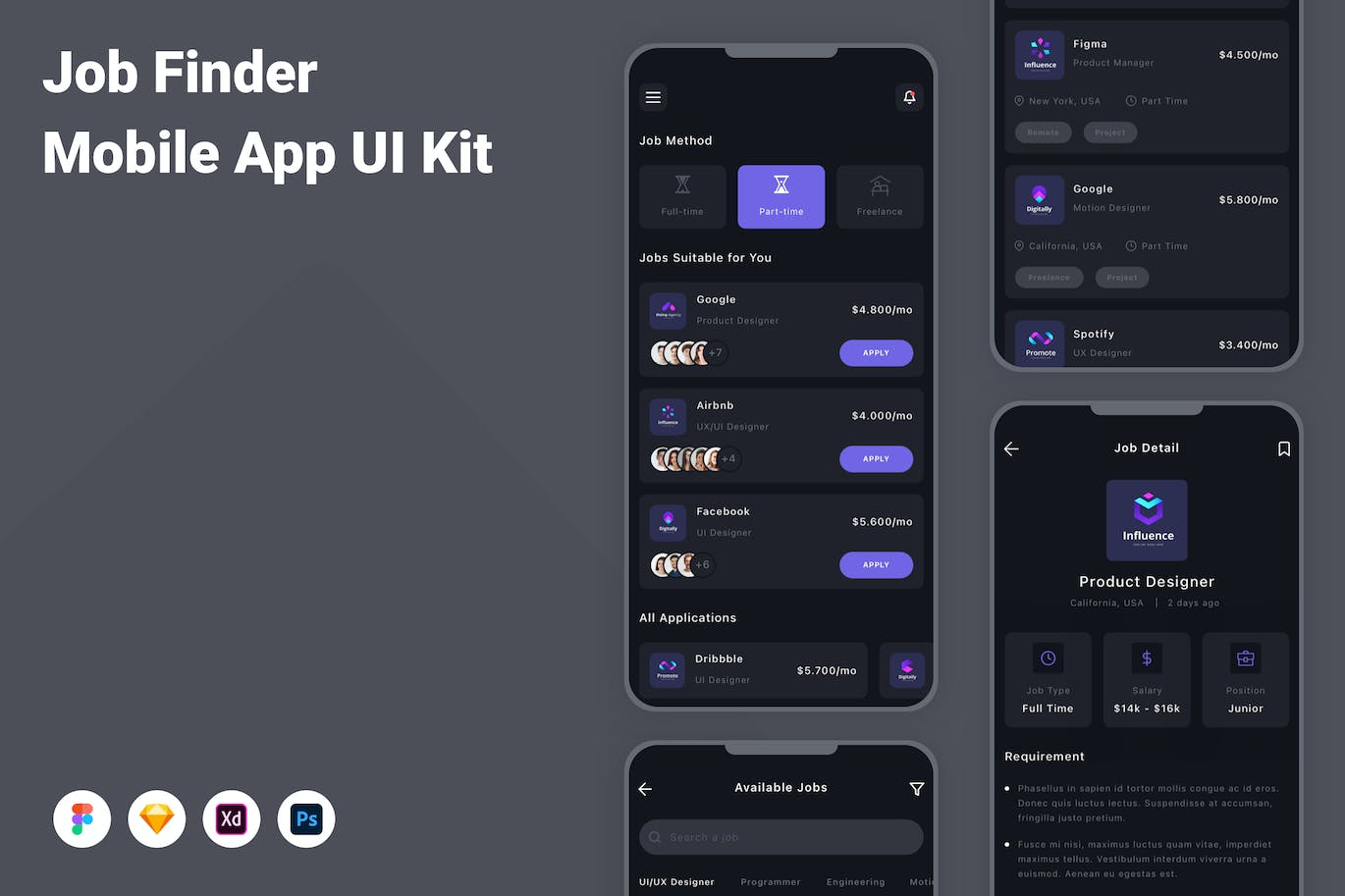 求职应聘移动应用UI设计套件 Job Finder Mobile App UI Kit APP UI sucaiwan.com