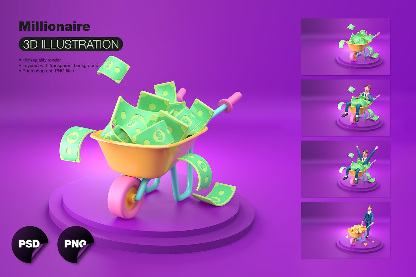 富翁财产概念3D插画psd素材 Set Millionaire Man Concept 设计素材 sucaiwan.com