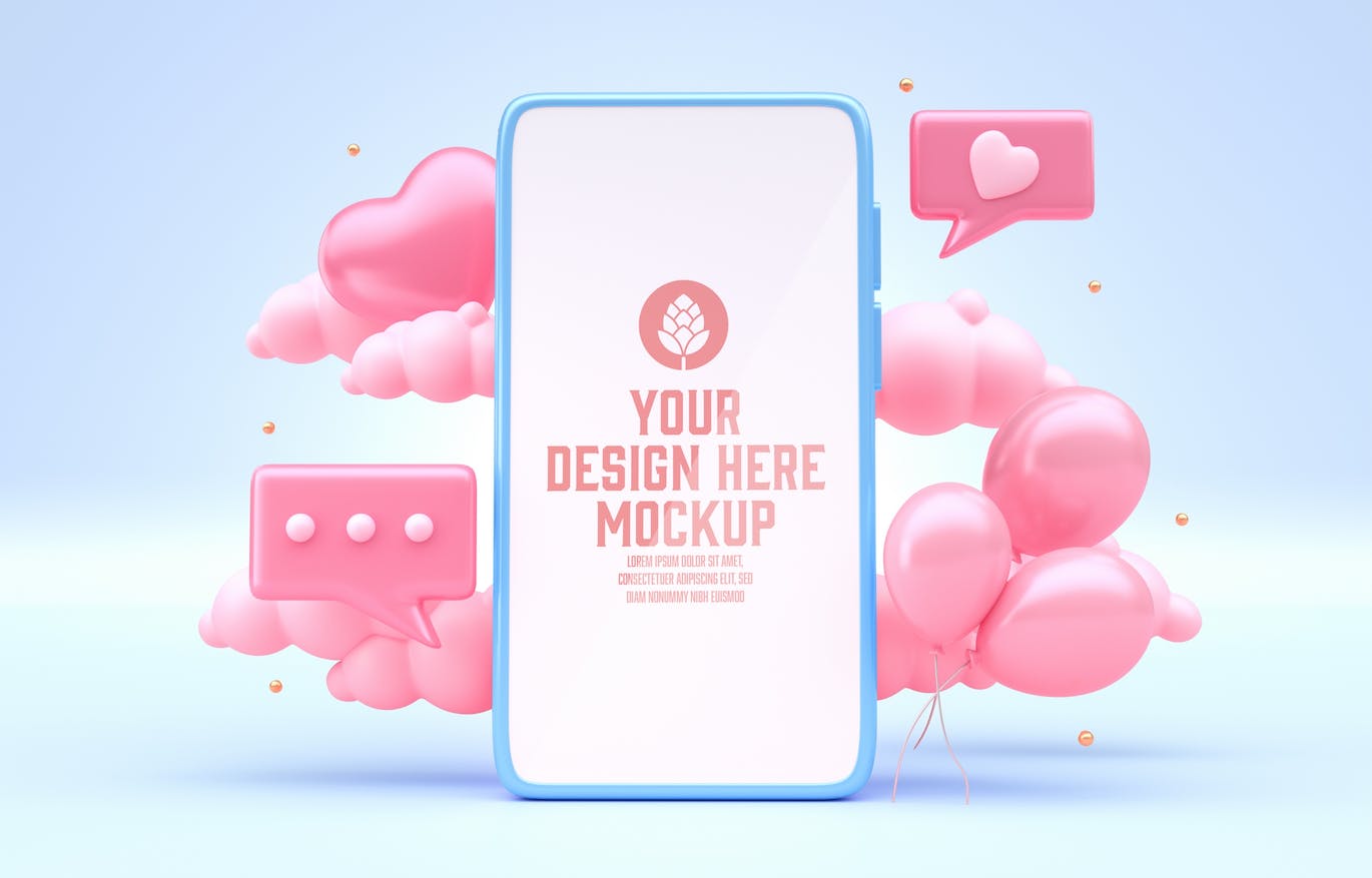 情人节3D装饰手机屏幕样机图psd素材 Set Valentine’s Day Concept with Mobile Mockup 样机素材 sucaiwan.com