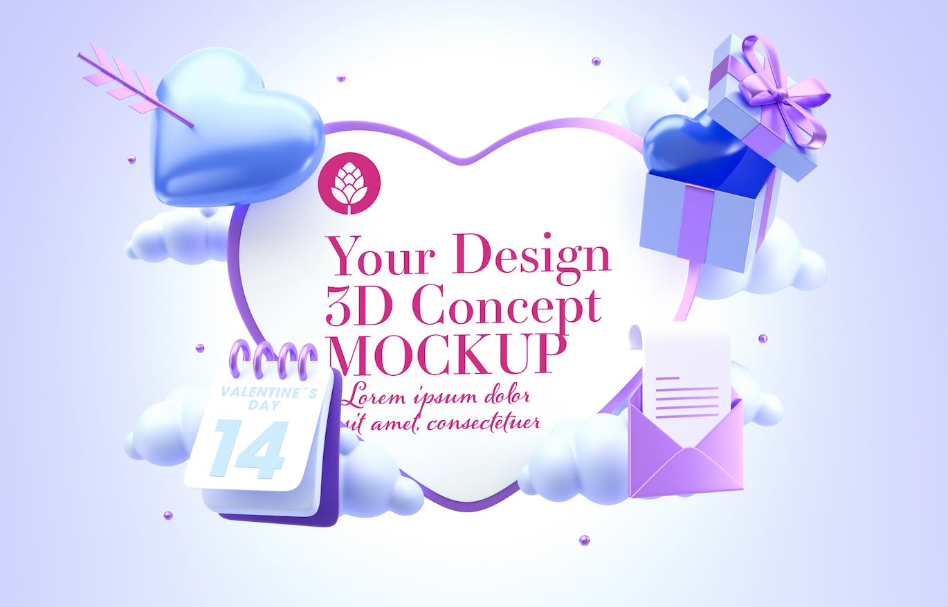 爱心情人节3D概念样机图psd素材 Set Valentine’s Day Concept Mockup 样机素材 sucaiwan.com